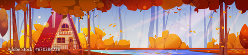 Wooden hut near lake in autumn forest. Vector cartoon illustration of small house with porch and stairs, yellow foliage on trees, bushes, golden leaves on water surface, sunlight penetrating branches