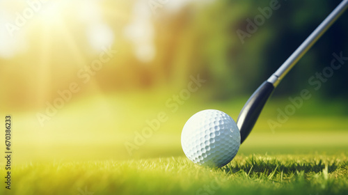 Golf club and golf ball on green grass background.