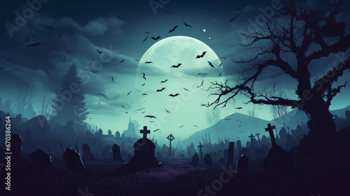 Graveyard silhouette Halloween abstract background.