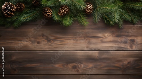 Christmas background with pine trees and decorations on a dark wooden board.