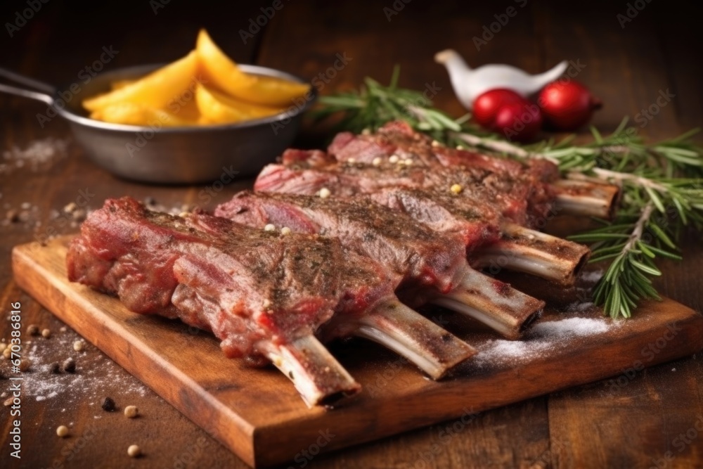 lamb ribs with rub, ready to grill, on stoneware