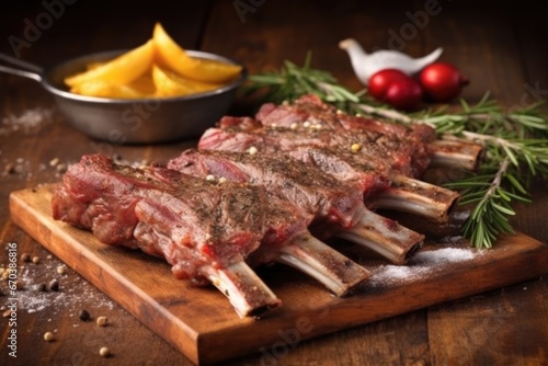 lamb ribs with rub, ready to grill, on stoneware