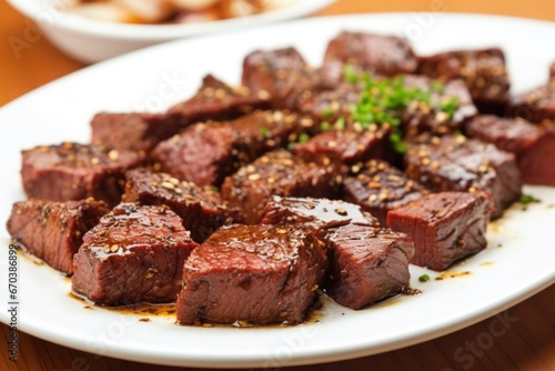 closeup of garlic bbq steak tips on a white plate