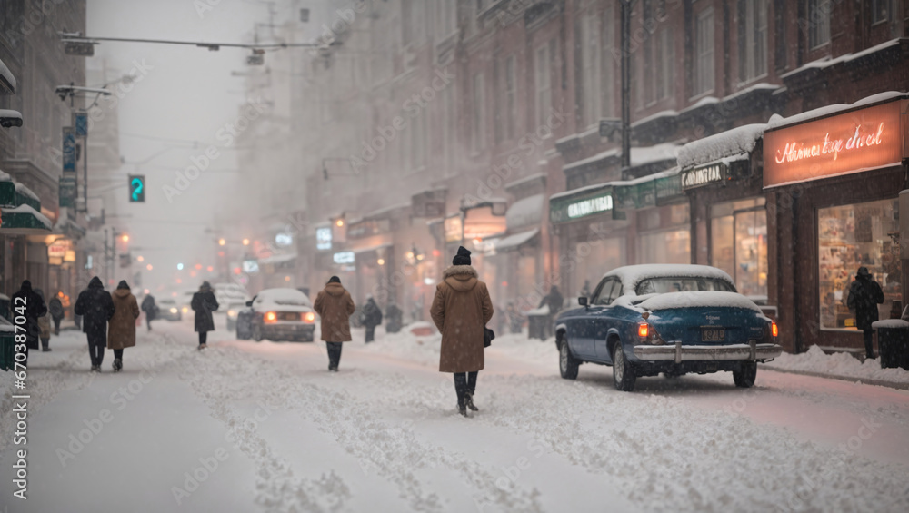 City street during a snowstorm, A bustling city street covered in a thick blanket of snow during a snowstorm, the chaos and beauty of urban life amidst the winter weather, generative Ai