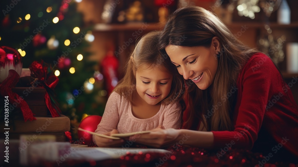 Mother and child decorate the Christmas tree with fairy lights. Mother and child decorate the Christmas tree with fairy lights.