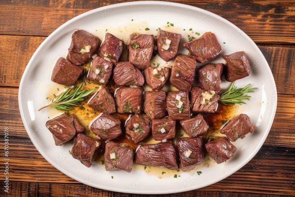 overhead shot of steak tips marinated with garlic on plate overhead shot of steak tips marinated with garlic on plate