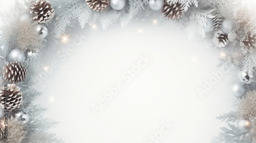 Merry Christmas wreath made of white and silver decorated fir trees  sparkles and confetti on white background.