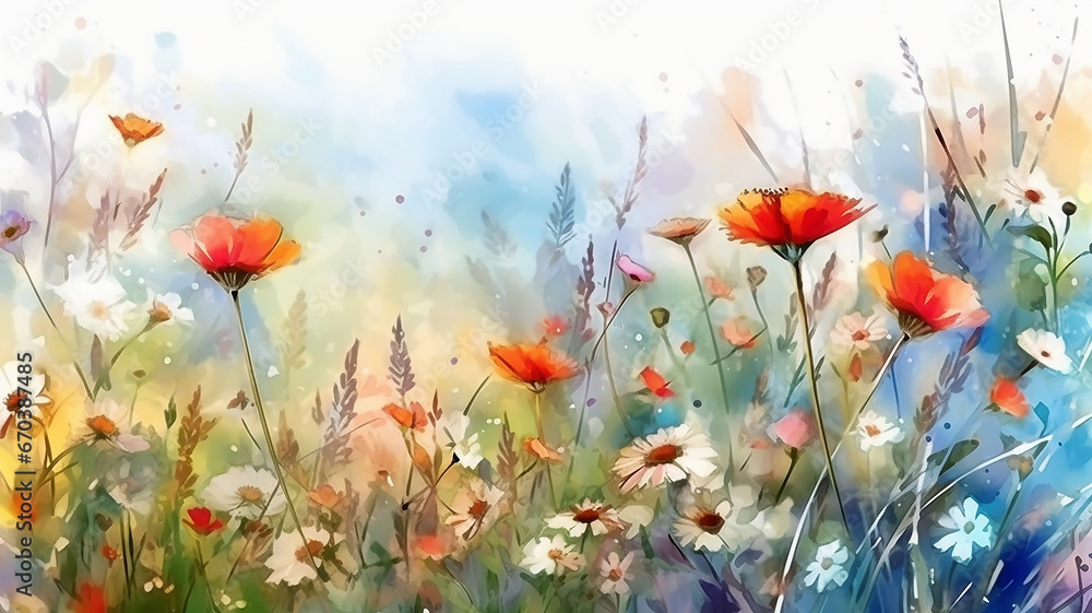 multicolored wildflowers watercolor field drawing summer. - obrazy, fototapety, plakaty 