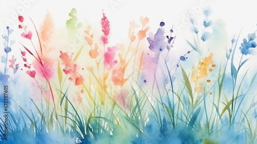 wild grass field watercolor white rainbow multicolored background.