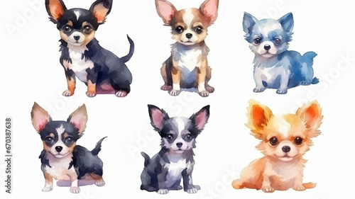 a group of cute watercolor puppies on a white background. © kichigin19