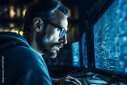 Focused developer coder wears glasses working on computer looking at programming code data cyber security digital tech reflecting in spectacles developing software program, focus on eye close up view