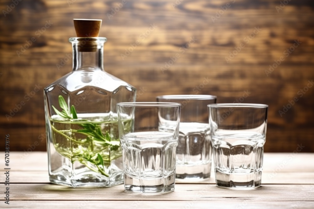 shot of gin bottle beside glassware on a light wooden table shot of gin bottle beside glassware on a light wooden table