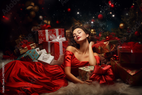 Beautiful, glamorous woman lying in Christmas presents. Generative Ai