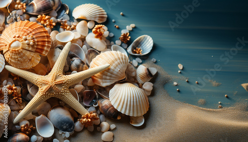 An intricate display of sea treasures with a prominent starfish, variegated shells, pebbles, and vibrant coral on a teal backdrop