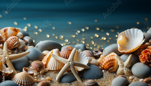 An intricate display of sea treasures with a prominent starfish, variegated shells, pebbles, and vibrant coral on a teal backdrop