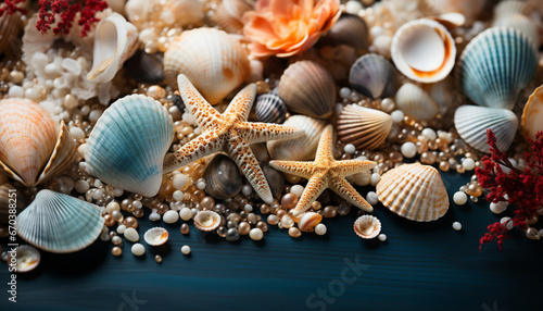 An intricate display of sea treasures with a prominent starfish, variegated shells, pebbles, and vibrant coral on a teal backdrop