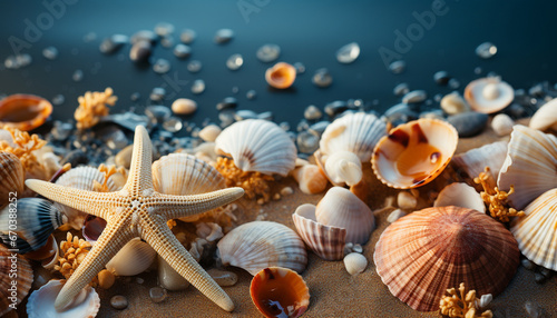 An intricate display of sea treasures with a prominent starfish, variegated shells, pebbles, and vibrant coral on a teal backdrop
