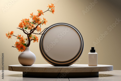 Circular geometric design with a clean and sleek cosmetic product display podium, designed to create an inviting presentation, Generative AI