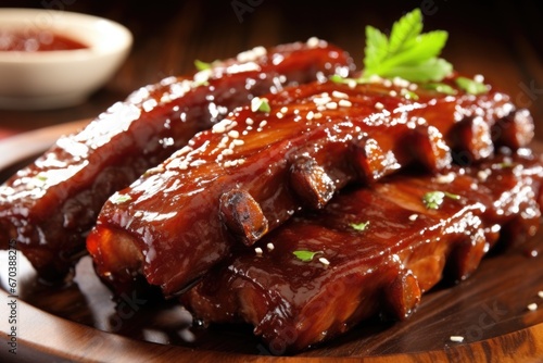 glossy glazed pork ribs with close-up focus photo