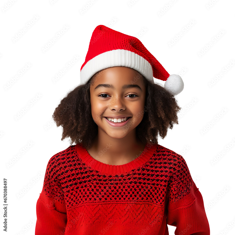 black african girl in a Santa cap hat and a Christmas sweater isolated on a white transparent background black african girl in a Santa cap hat and a Christmas sweater isolated on a white transparent background