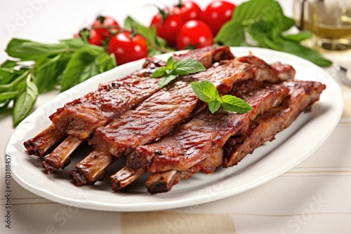 glazed pork ribs on a white plate with fresh herbs