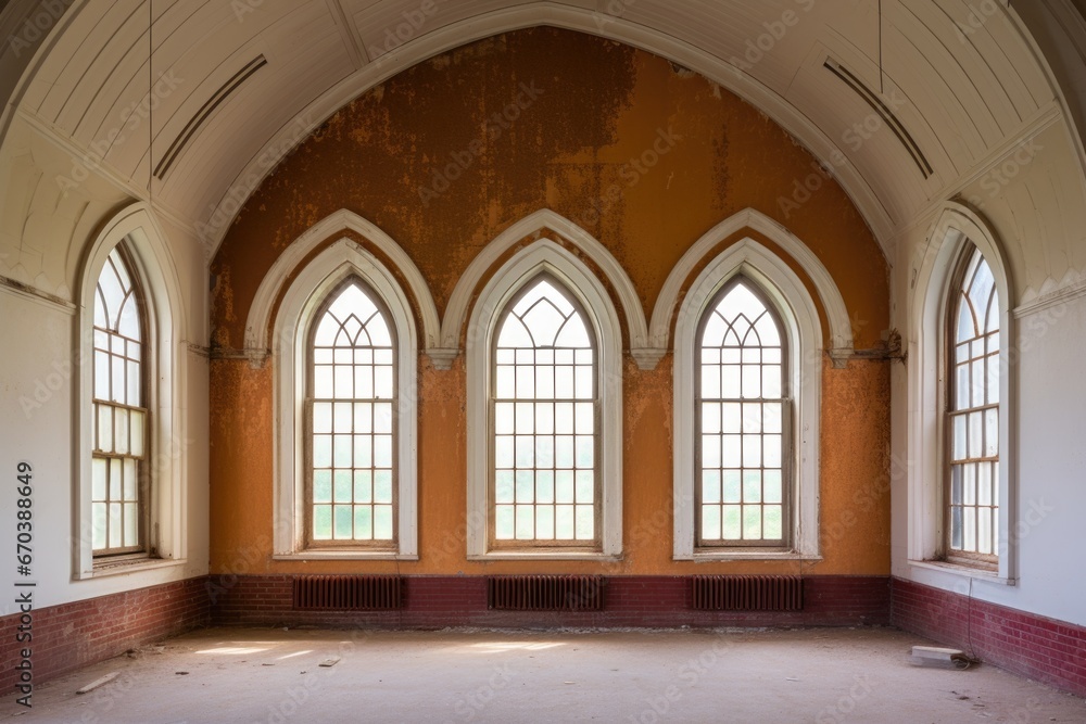 pointed arch windows on a gothic revival schoolhouse