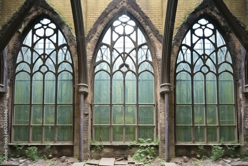 texture of dirty glass in a gothic revival warehouses pointed arch windows