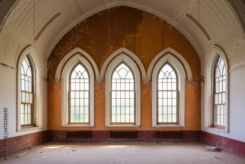 pointed arch windows on a gothic revival schoolhouse