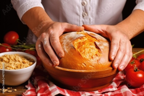 hands crust of bread bowl filled with goulash