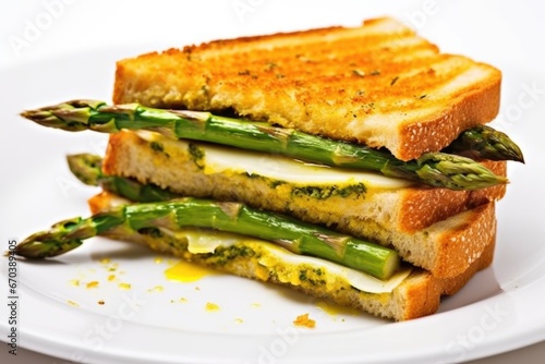 grilled asparagus on sandwich bread on a white plate