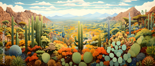 landscape illustration of the desert environment, cacti, desert trees, nature landscape background