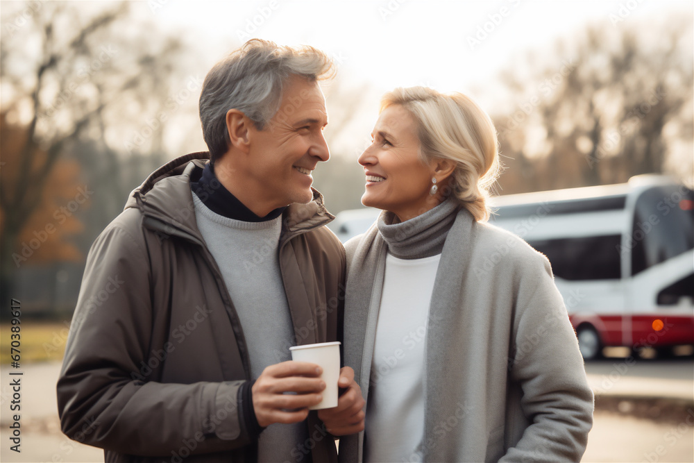 mature couple in their fifties smiling having coffee outdoors at sunset