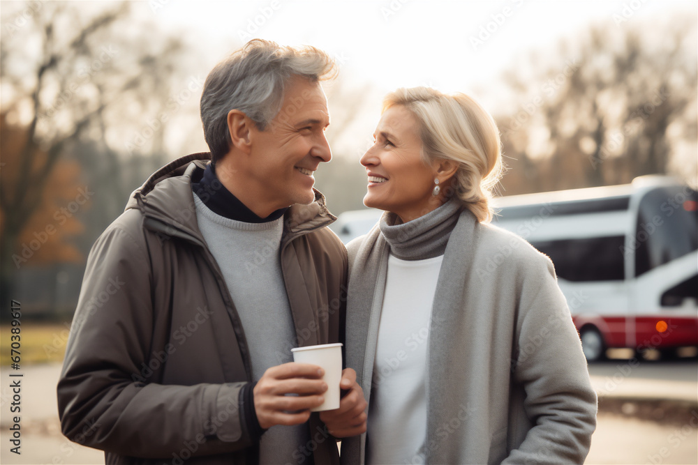 mature couple in their fifties smiling having coffee outdoors at sunset mature couple in their fifties smiling having coffee outdoors at sunset