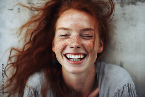 young redhead girl with long hair and freckles on her face smiling