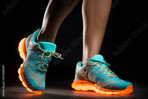 detail of woman's feet with blue and orange sneakers on black background