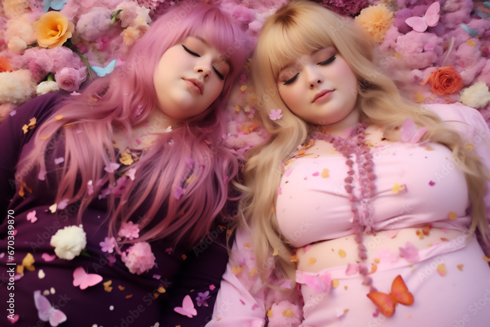 Fototapeta premium image from above of two chubby girls lying among flower petals in pink tones