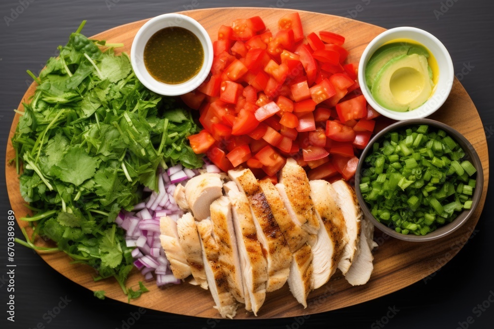 deconstructed grilled chicken salad, with each ingredient placed separately