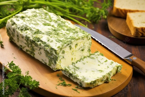 a spread of garlic herb butter on a freshly grilled slice