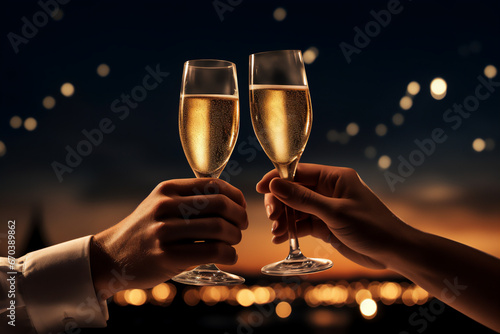 hands with champagne glasses toasting with defocused background lights