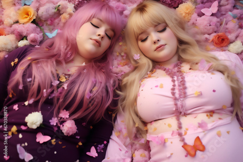 image from above of two chubby girls lying among flower petals in pink tones