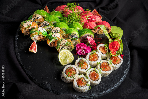 sushi set on the black background photo