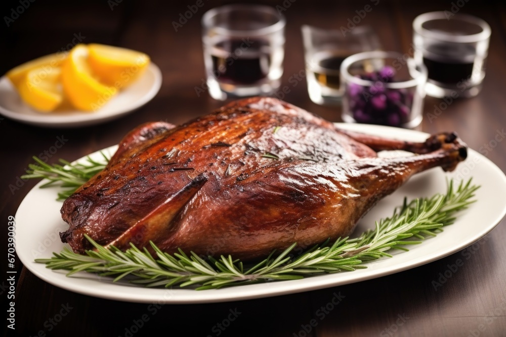 grilled duck garnished with fresh rosemary on a ceramic plate grilled duck garnished with fresh rosemary on a ceramic plate