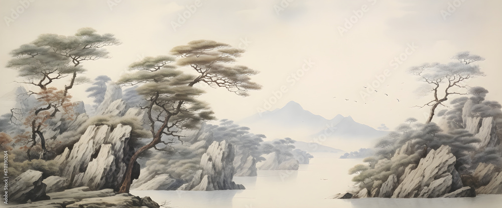 custom made wallpaper toronto digitalwallpaper vintage chinese landscape drawing of lake with trees and fog in black and white design for wallpaper, wall art, print, fresco, mural