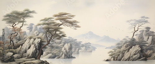 wallpaper vintage chinese landscape drawing of lake with trees and fog in black and white design for wallpaper, wall art, print, fresco, mural