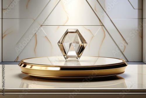 Diamond-shaped geometric minimal scene with a podium for presenting cosmetic items, emphasizing luxury and sophistication, Generative AI 