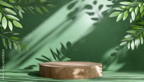 a 3d podium awash in leafy shadows and green hues. 3d wooden podium display with leaf shadows and luxuriant green background. generative ai