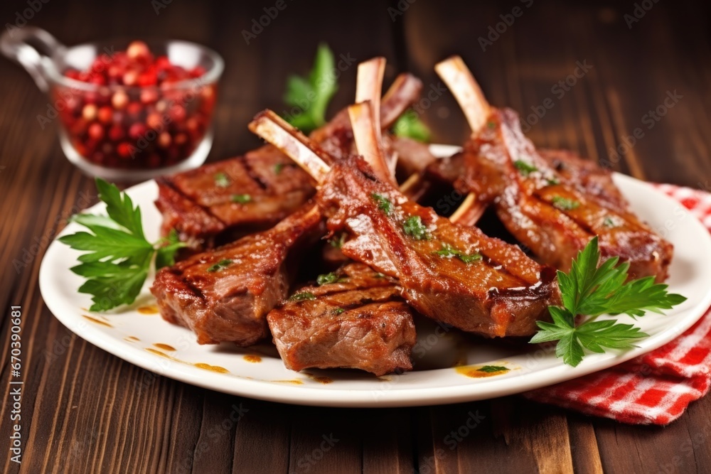 glazed lamb chops served with garlic cloves and spices