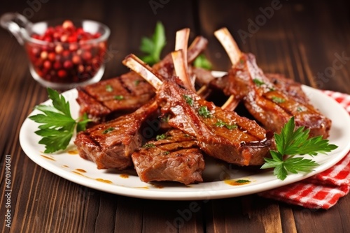 glazed lamb chops served with garlic cloves and spices