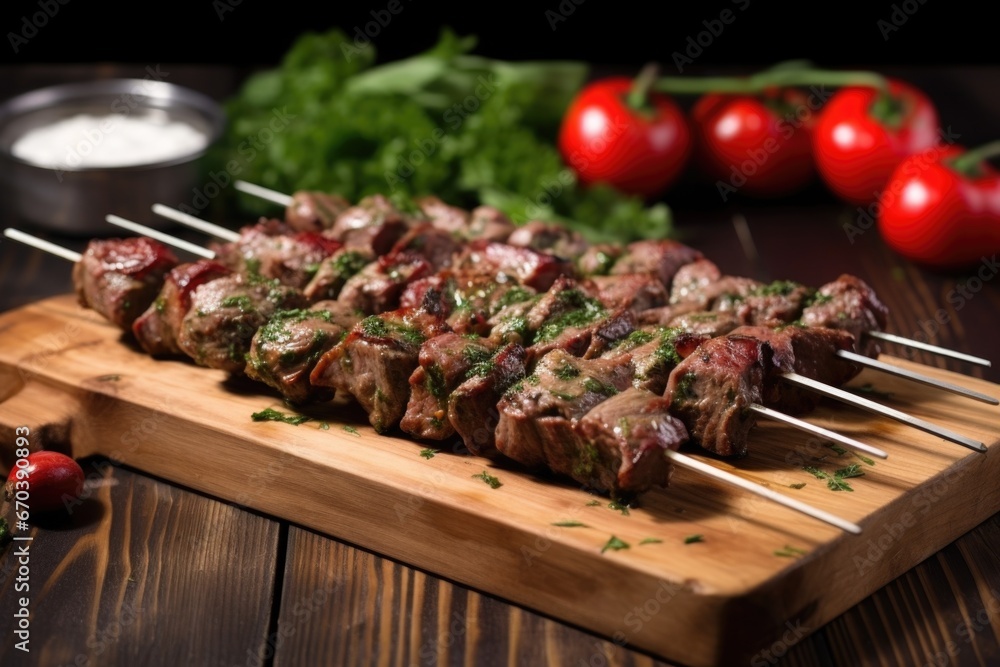 lamb kebabs on skewers resting on a board, sprinkled with herbs