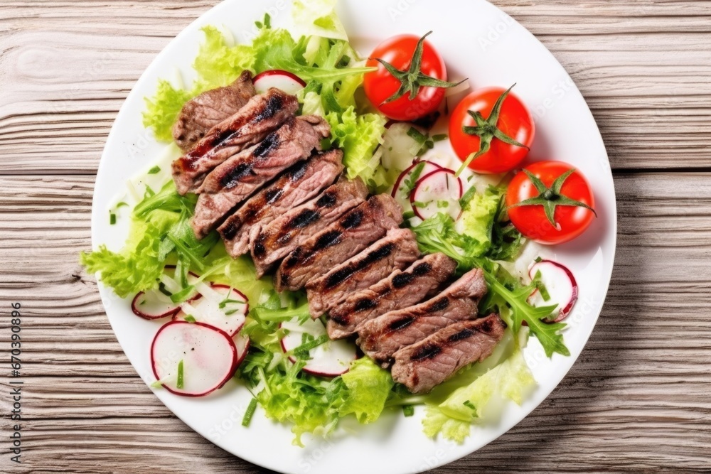 overhead view of grilled lamb kebabs with fresh salad overhead view of grilled lamb kebabs with fresh salad